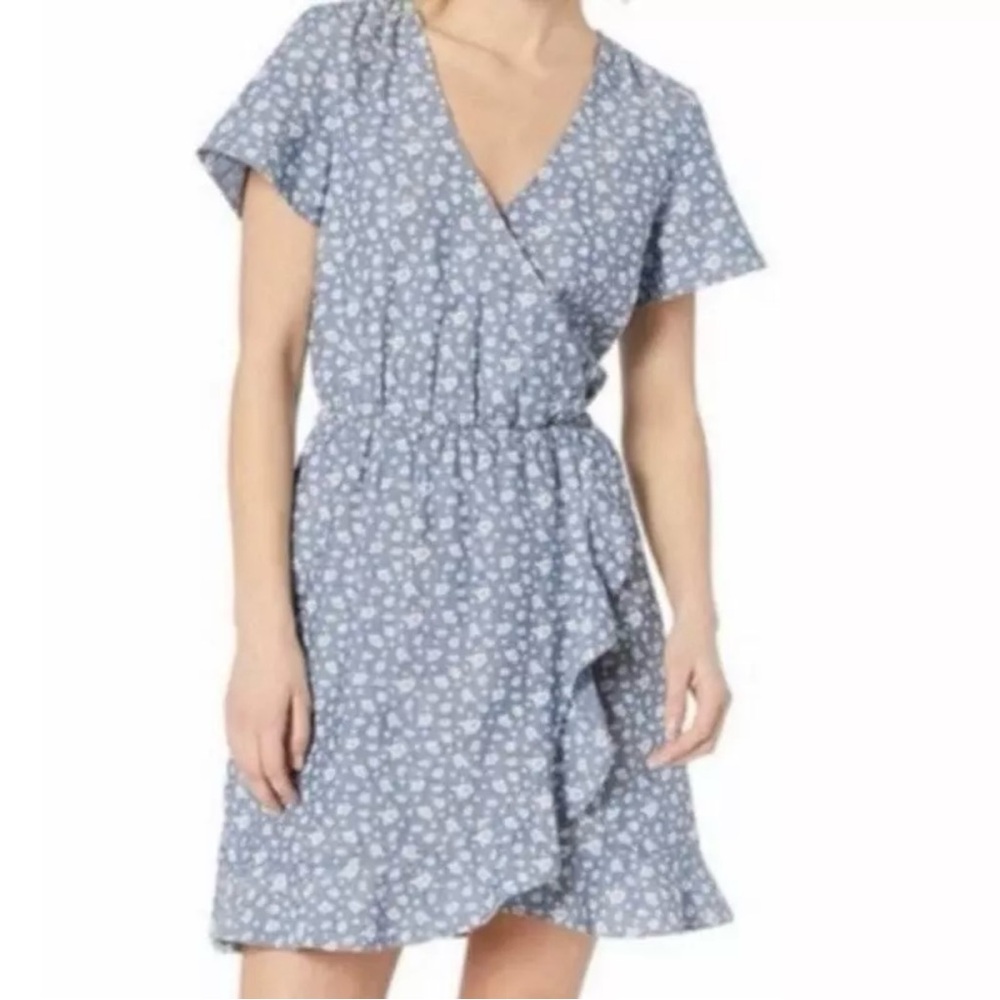 J CREW Mercantile Dress Womens Med Blue Chambray Ruffle Faux Wrap  Floral Shabby